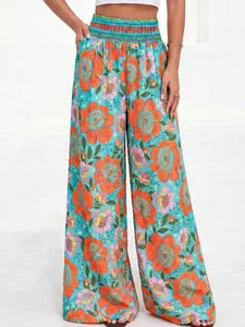 Pantalon d'été taille haute à jambes larges pour femmes avec imprimé floral orange vif