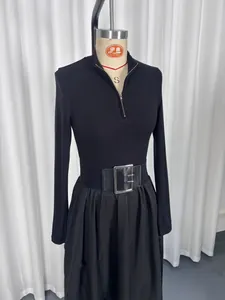 Elegant French style black long-sleeve dress with V-neck zipper and wide belt