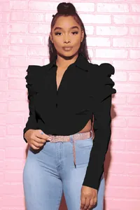 Elegant long sleeve cropped lapel shirt with puff shoulders and ruffled sleeves