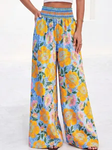Pantalon large pour femme à taille haute avec imprimé floral coloré de style bohème pour l'été