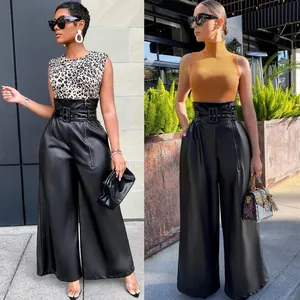 Visual styling options for high-waisted black PU leather wide-leg trousers with wide belts