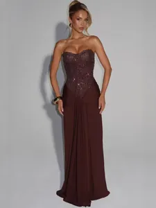 Dames Sexy Strapless Pailletten Kralen Avondjurk Visgraat Bodycon Banket Maxi Jurk Party Bovenkant En Onderkant