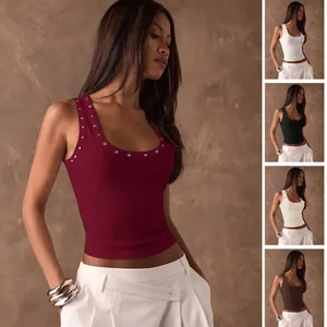 Damen Y2K Sexy Geripptes Tanktop Ärmelloses Slim Fit Crop Top Mit Strasssteinen Ösen Streetwear Clubwear Top