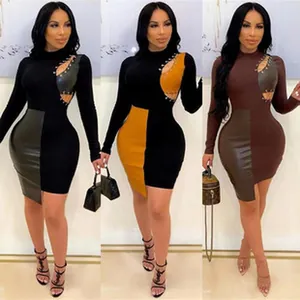 Sexy patchwork bodycon dress with hollow-out metal ring detail and long sleeves