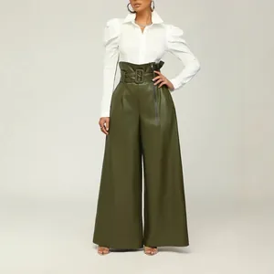 Full length view of olive green high-waisted PU leather wide-leg pants with belt.