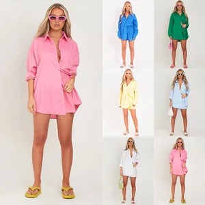 Conjunto de dos piezas de camisa de manga larga y pantalón corto oversize en varios colores