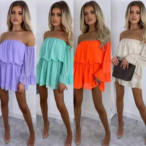Stylish women's off-the-shoulder tiered ruffle mini dress in four vibrant colors