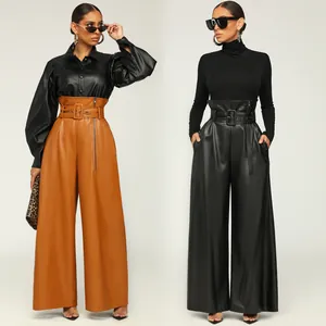 Fashionable high-waist PU leather wide-leg pants with belts in brown and black