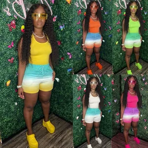 Women's two-piece sporty tank top and gradient shorts set in multiple vibrant colors