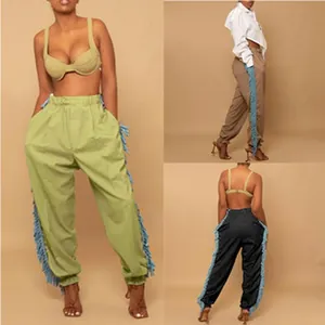 Fashion high-waist sweatpants with blue tassel side trim for women streetwear style