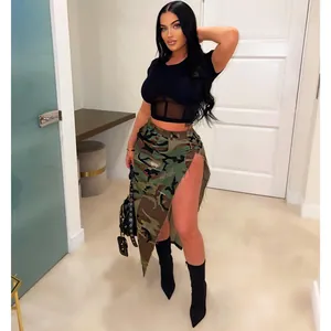 Detailed view of fashionable camouflage midi skirt featuring high slit and utility pockets