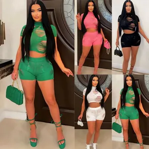 Sexy distressed knit two-piece set with crop top and shorts in four vibrant colors