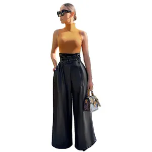Stylish women's high-waisted wide-leg black PU leather pants with a matching belt