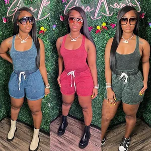 Three-color variety of women's sleeveless acid wash two-piece lounge and sports sets