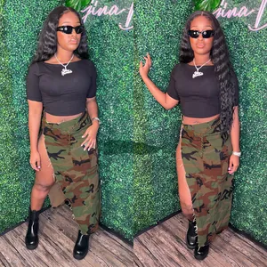 Stylish camouflage maxi skirt featuring a high side slit and utility cargo pocket details