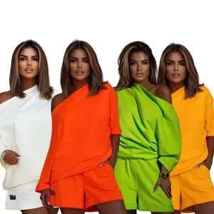 Trendy two-piece set with one-shoulder loose sweatshirt and matching shorts in four colors.