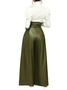 Back view of olive green high-waisted PU leather wide-leg pants with belt detail