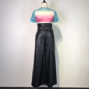 Women's high waist black PU leather wide leg pants with stylish metal buckle belt