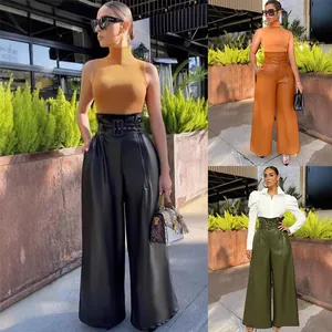 Women High Waist PU Leather Wide Leg Pants With Belt Fashion Solid Color Long Pants For Nightclub Party Streetwear Casual Trousers