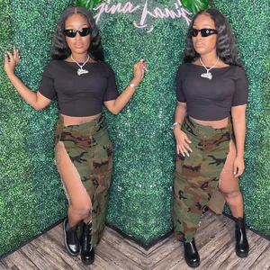 Detailed view of women's camouflage maxi skirt with side slit and chain detail