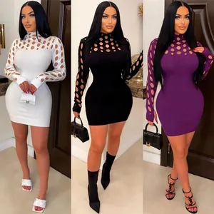 Collage of sexy hollow-out bodycon mini dresses in white, black, and purple for women's fashion