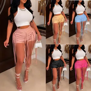 Sexy PU-lederen franjeshort met veters en kwastjes in vijf levendige zomerse kleuren