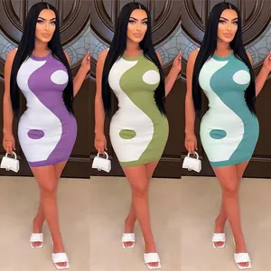 Three bodycon mini dresses with Yin-yang pattern in purple, green, and teal variants.