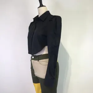 Side view of a sexy black long-sleeved crop shirt with a turnover collar design