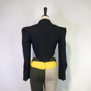 Back view of a chic black cropped puff shoulder long sleeve shirt for women