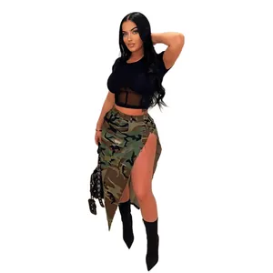 Close-up detail of stylish camouflage midi skirt with high side slit and utility pockets