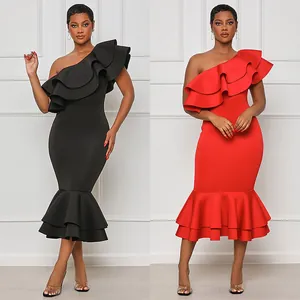 Elegant one-shoulder bodycon mermaid midi dress with ruffles available in black and red