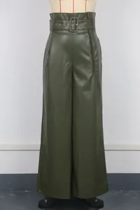 Detailed view of high waist olive green PU leather wide leg pants with a matching belt