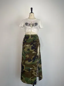 Fashion wash camo maxi skirt with slit and pocket paired with rock roll crop top