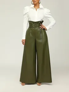 Fashionable high-waisted olive green PU leather wide-leg pants with belt