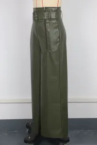 Side view of high waist olive green PU leather wide leg pants with metal belt buckle