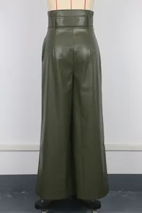 Detail of dark olive green high-waisted PU leather wide-leg pants on a mannequin stand.