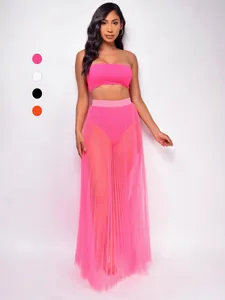 Ensemble Trois Pièces Sexy pour Femmes Haut Bandeau Culotte et Jupe Longue Plissée en Maille Tenue de Plage Vacances