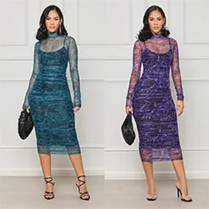 Abiti midi sexy in mesh aderente in verde acqua e viola con motivi astratti