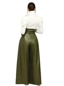 Rear view of stylish high-waisted olive green PU leather wide-leg pants for women