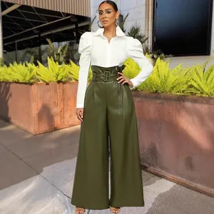 Elegant olive green high-waisted PU leather wide-leg pants with decorative belt