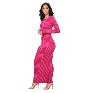 Elegant long-sleeved bodycon maxi dress featuring a vibrant pink abstract wavy print design.
