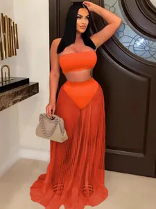 Ensemble sexy orange 3 pièces avec haut tube et jupe longue en tulle plissé