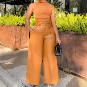 High-waisted camel PU leather wide-leg trousers with matching belt for women fashion