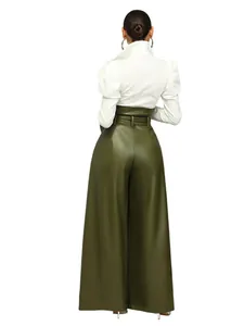 Rear view detail of trendy high-waisted olive green PU leather wide-leg pants for women