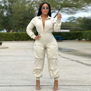 Chic off-white utility jumpsuit with metal zipper and drawstring waist for women