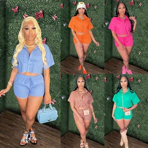 Completo Due Pezzi Donna Estate Casual Camicia Manica Corta e Pantaloncini a Vita Elastica con Tasche Tinta Unita Outfit Mare
