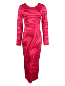 Close-up view of a pink bodycon midi dress featuring an irregular wavy print pattern