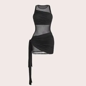 Close-up detail of black sexy two-piece mesh dress featuring ruching and side tie design.