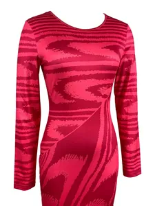 Elegant long sleeve slim fit bodycon dress with abstract red and pink irregular pattern