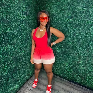 Women's summer two-piece sports set featuring red racerback tank and gradient shorts